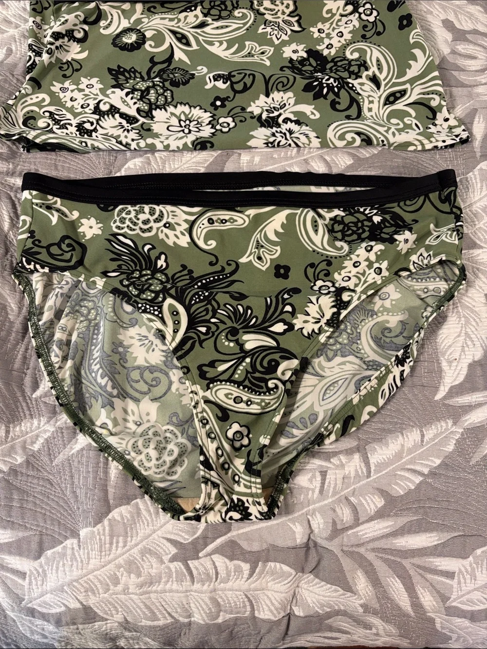 Olive Green Paisley Halter Tankini Set with Black Trim